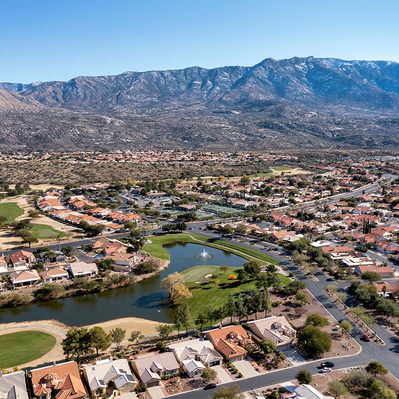Aerial view of Arizona neighborhoods and landscape representing HVAC SG’s statewide service area for residential and commercial heating and cooling