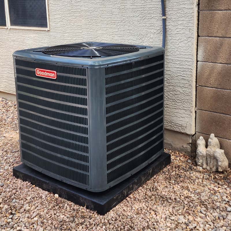 New Goodman air conditioning unit installed outside a home by HVAC SG, a trusted Arizona HVAC contractor specializing in AC installation and repair